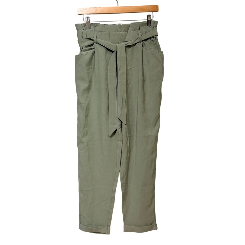 Zara TRF Sage Green Paperbag Waist Tapered Cuffed Pants Small Tie Belt High Rise